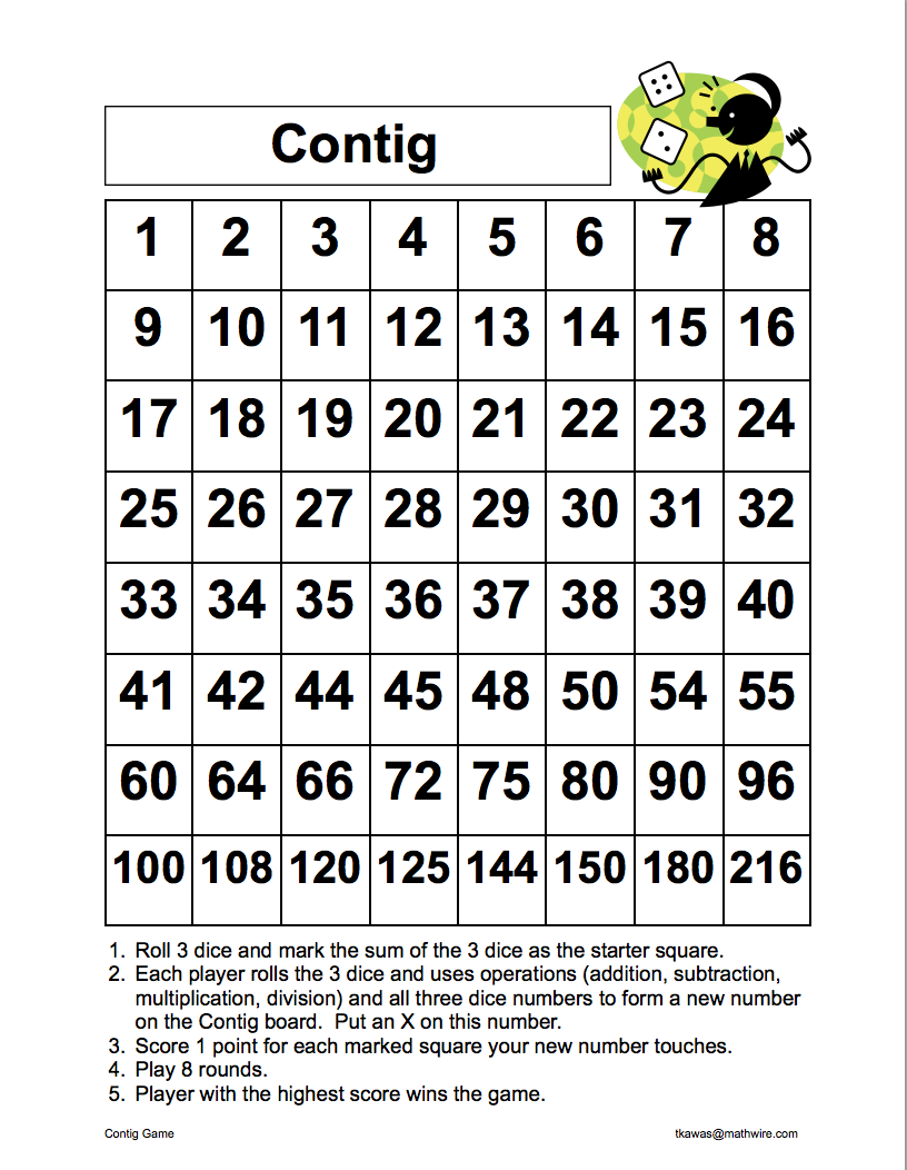 Contig is played with three dice and a game board – students use operations to take the results of their rolls and make new numbers to mark off on their game boards.