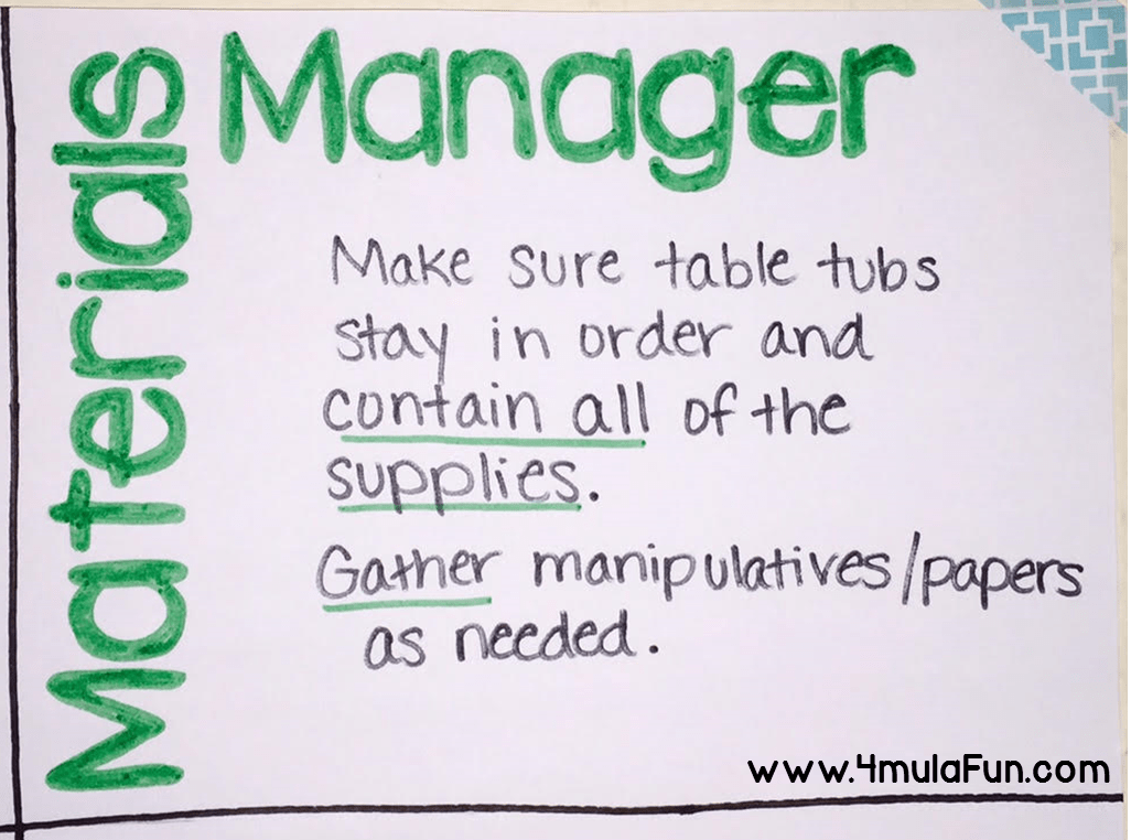 Poster idea for different table jobs to help tame the chaos in the classroom. This one is the Materials Manager who is responsible for all the supplies. 