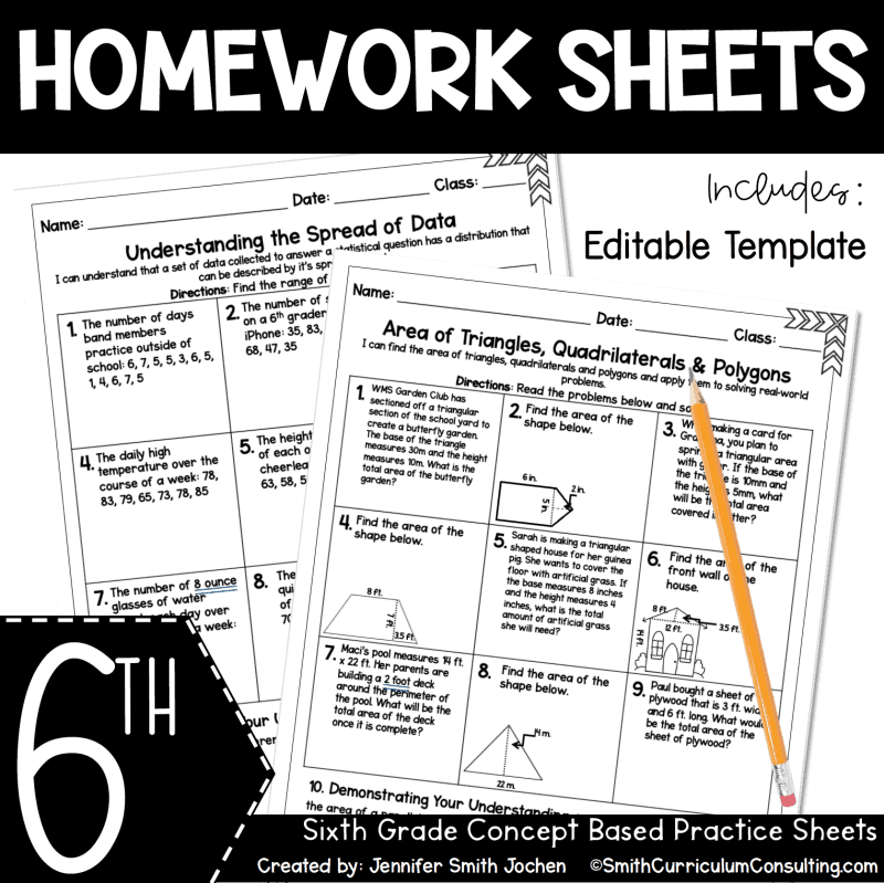 6th Grade Math Homework Sheets – One Concept Per Page with Reflection & Editable Template