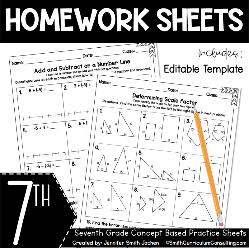 7th Grade Math Homework Sheets for Full Year EDITABLE Template Practice Sheets