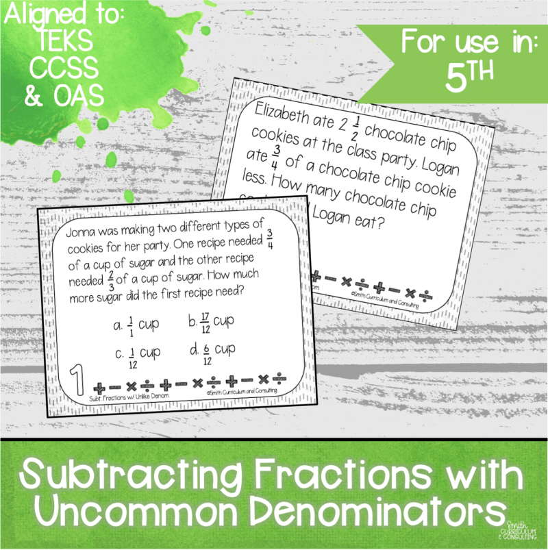Subtracting Fractions with Common Denominators Task Cards