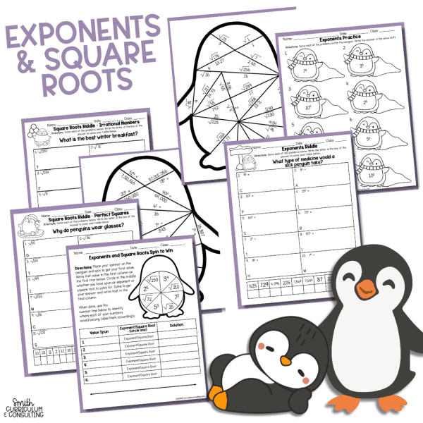 Flat lay of printed exponents and square roots practice packet pages for 6th to 8th grade, featuring worksheets, word problems, visual models, and scaffolded math activities for differentiation.